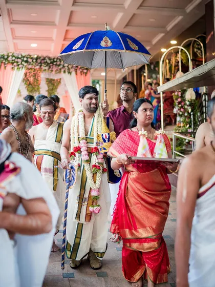 The groom's procession during the Kashi Yatra, a classic South Indian wedding ritual. We capture the grandeur and tradition of the moment.