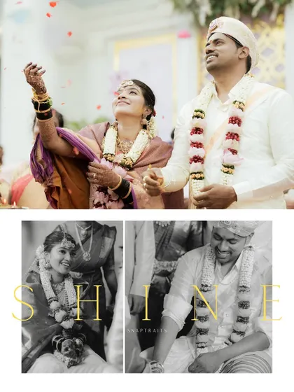 A collage from a Hindu wedding, showing the couple's joy during the ceremony, from showering petals to sharing smiles.