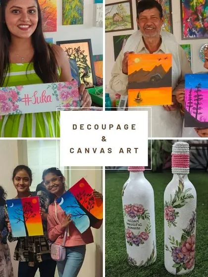 A collage showcasing decoupage and canvas art. Learn to decorate objects like nameplates and bottles with beautiful paper cutouts.