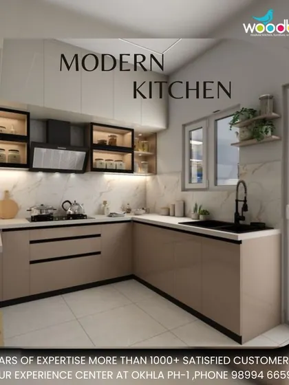 This L-shaped kitchen concept combines beige cabinets with a black countertop and sink. The glass-front upper cabinets are great for displaying your favorite crockery.
