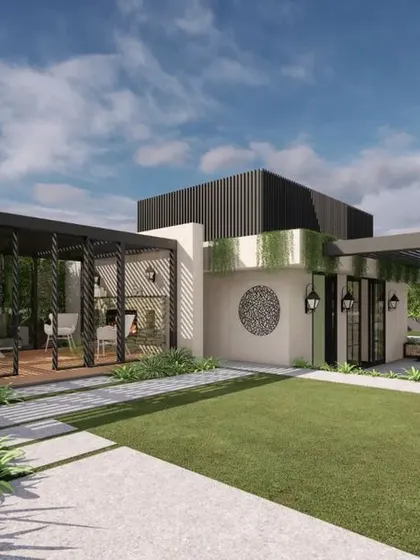 A full view of a proposed terrace landscape in Gurugram, amalgamating open lawn with a covered deck and bar. The design uses sculptures, water features, and varied plantings to create a multi-functional and elegant outdoor living space.