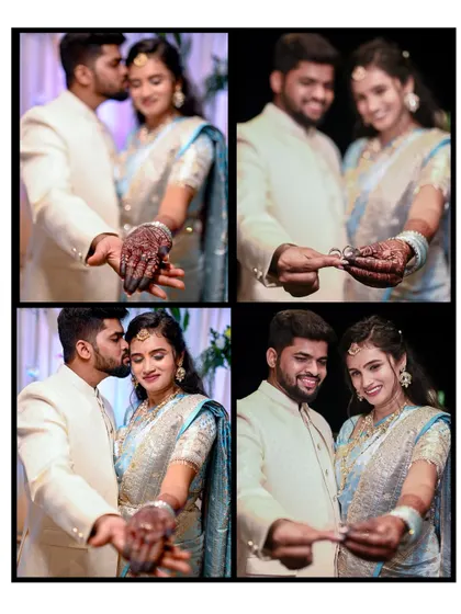 A collection of four images capturing the joy of the ring exchange. It shows the couple displaying their rings to the camera and sharing a sweet kiss on the cheek.