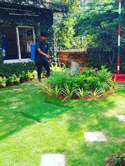 Our team is seen here providing maintenance at a residential gatehouse. We are applying fertilizer and pest control to the central flower bed to keep the plants vibrant and healthy.