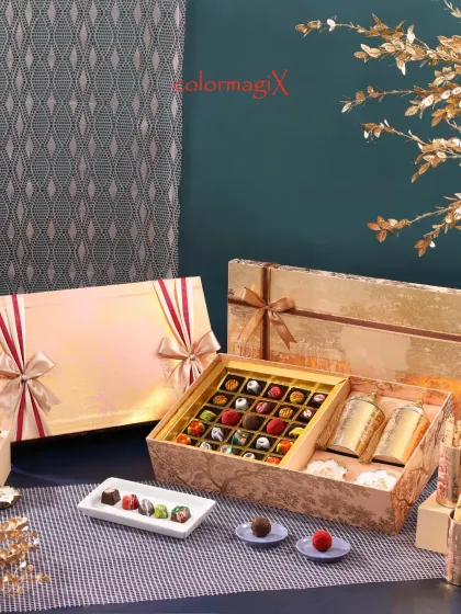 A closer look at our gourmet chocolate and sweets collection. We offer a wide selection of handmade chocolates and traditional mithai, presented in designer boxes that are perfect for corporate clients and personal gifting.