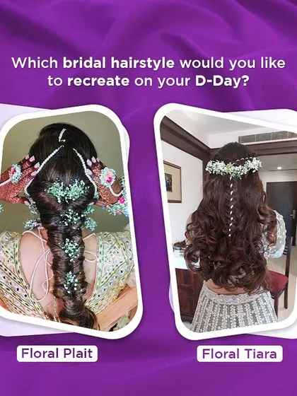 Which bridal hairstyle would you choose? A traditional floral plait or a modern floral tiara with open curls? I can create both and help you decide what best suits your look.