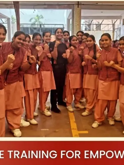A group of empowered students from Gargi Girls School, fists up and ready. This image captures the confidence and fighting spirit we instill.
