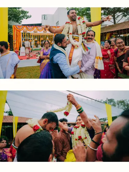 A duplicate of the celebratory moments of the groom being lifted and the garland exchange.