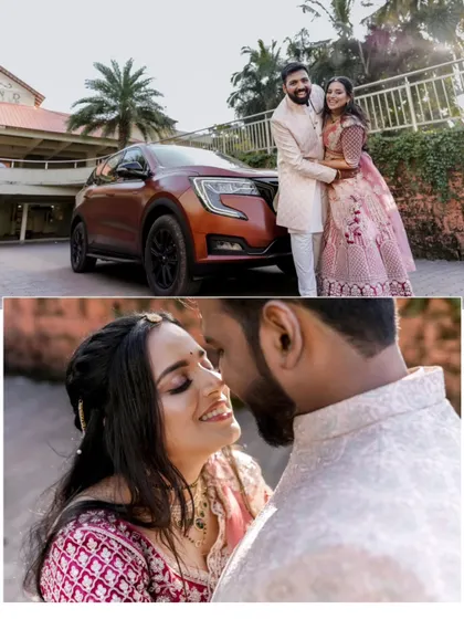 A collage of a couple posing with their car and a romantic close-up, capturing their happiness and style.