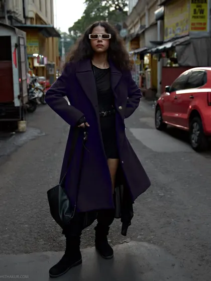 A high-fashion street style shot in Mumbai. The bold purple coat and futuristic sunglasses create a striking look that commands attention.