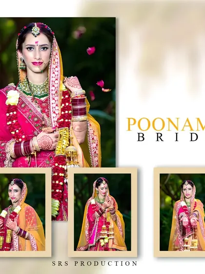 A beautiful collage showcasing the bride in her vibrant pink and yellow lehenga, perfect for sharing on social media or as a page in a wedding album.