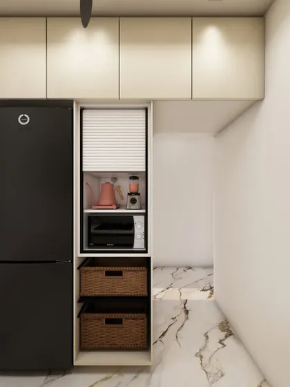This 3D render shows a compact kitchen with a clever appliance garage featuring a rolling shutter and pull-out baskets for easy access.