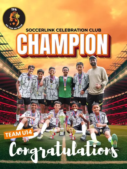 Champions of the Soccer Link Celebration Club. The U14 team with their well deserved trophy and medals after a successful tournament.