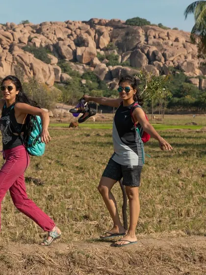 Walking to the crag with your crew. The journey to the boulders is part of the adventure, filled with conversation and anticipation for the day's climbs.