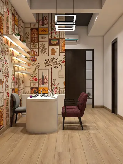 A different angle of the wallpapered reception area, showing how the elements work together. The compact desk and comfortable chairs make it a functional yet highly decorative space.