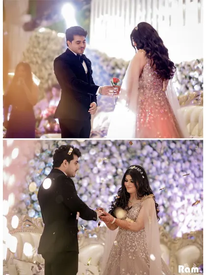 A collage showing the groom's proposal with a rose and the couple's first dance at their engagement, set against a backdrop of flowers and confetti.