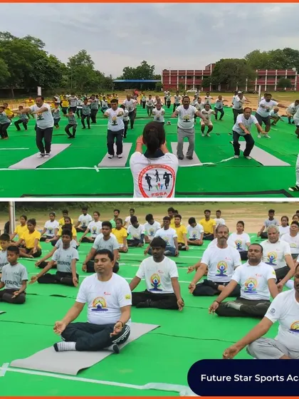 Athletes and community members join a large yoga session organized by Future Star Sports Academy. Involving the wider community helps build a culture of health and wellness.