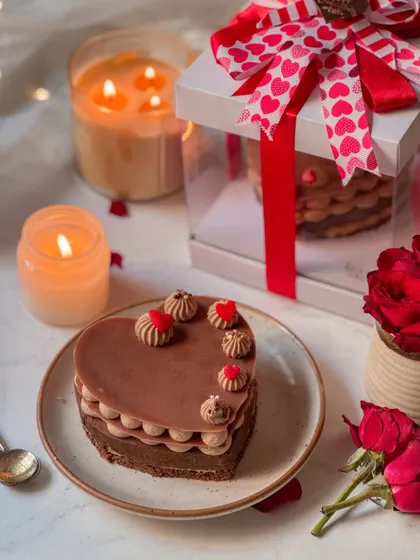 A heart-shaped chocolate brownie cake, elegantly piped and decorated for Valentine's Day. It's a rich and indulgent dessert, perfectly sized for two to share.