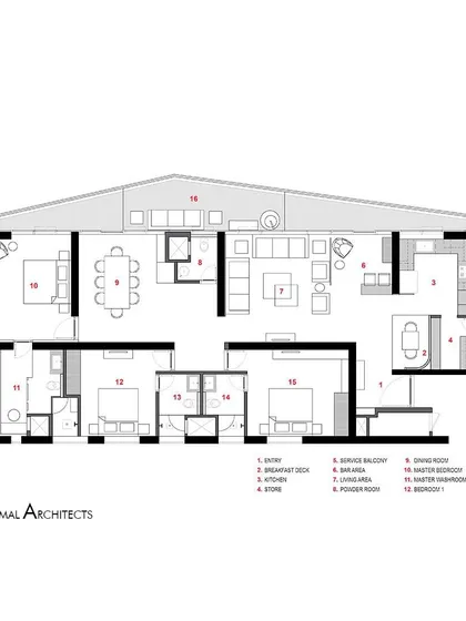 The floor plan for Apartment 704, showing our proposed spatial reconfiguration. We removed a bedroom to create a larger, more open living and dining area, and added a breakfast deck.