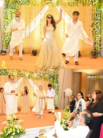 A collage showing the fun side of a family celebration, with family members performing choreographed dances on stage.