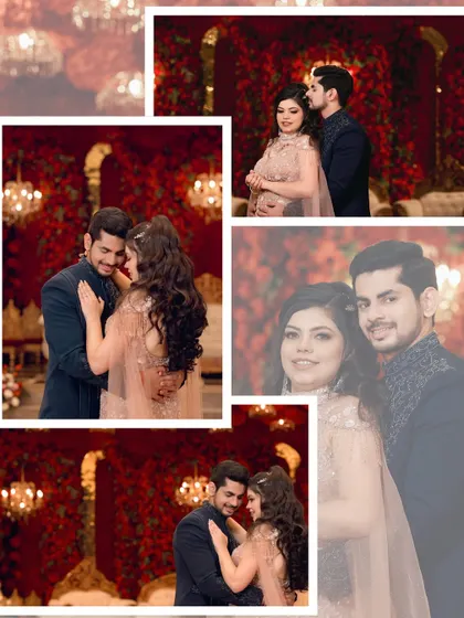A collage of romantic couple portraits against a stunning red floral backdrop, capturing their love and chemistry.
