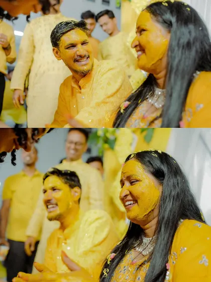 Candid shots of the couple reacting to the Haldi application, their faces lit up with smiles. These images showcase the genuine emotions of the day.