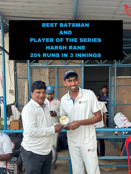 Harsh Rane receiving the Best Batsman and Player of the Series awards at the AT Sports Open Age Cricket Tournament, after scoring 204 runs in 3 innings.