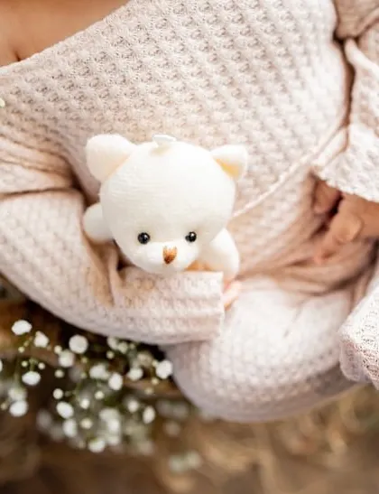 It's all in the details. A close-up of a tiny teddy bear tucked into a newborn's cozy outfit adds a touch of sweetness to the portrait.