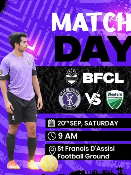 A match day poster for our BFCL game against Western Sports Foundation, featuring one of our players in the purple home kit.