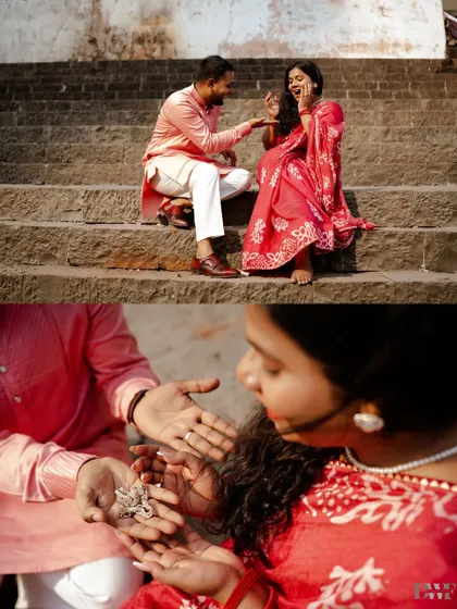 A playful moment on the steps of a ghat. Sharing a childhood game brings out genuine laughter and nostalgia, making for a heartwarming and authentic photo.