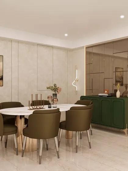 A 3D view of the dining area in this modern sanctuary, featuring a round marble table, a bold green console, and a tinted mirror wall.