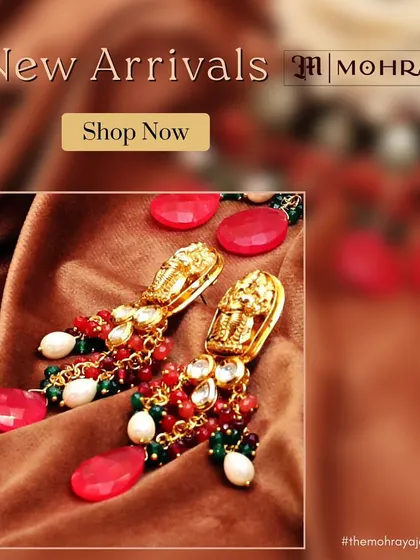 A graphic advertising our new arrivals, featuring a pair of stunning earrings with temple motifs and colorful bead drops.