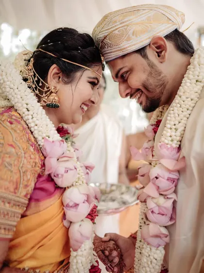 A quiet moment of togetherness for the couple at their South Indian wedding. These are the memories that last a lifetime, and we feel honored to help create them.