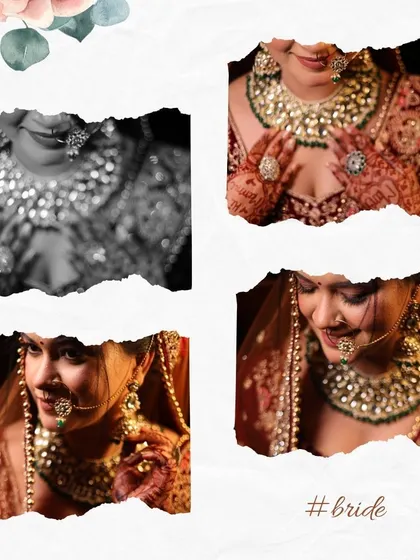 A creative collage focusing on the bride's stunning jewelry. This torn-paper effect highlights the details of her necklace and rings, showing my eye for capturing the finer points of the bridal look.