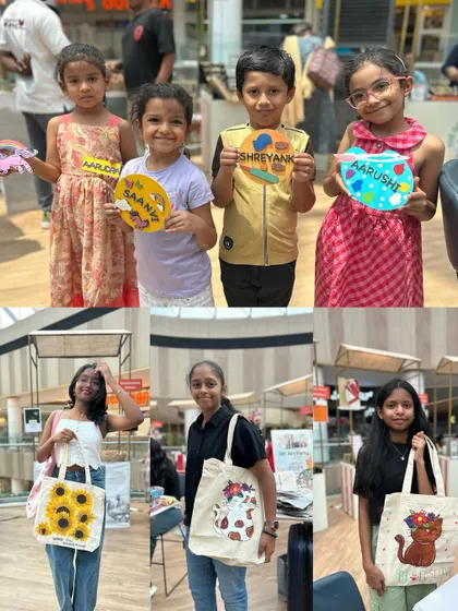 A collage showcasing the variety of art created at our public events, including beautifully painted tote bags and personalized nameplates.