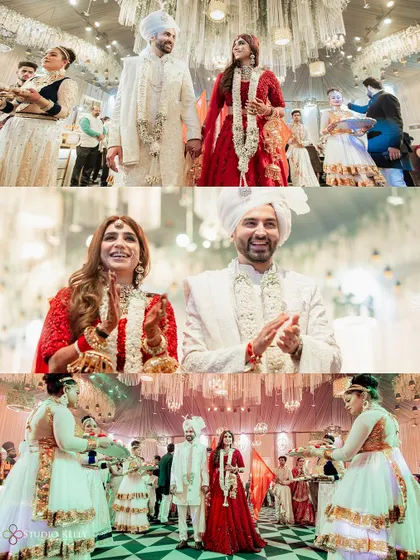 A collage of the couple's grand entry and welcome at their wedding at Noor Mahal Palace.