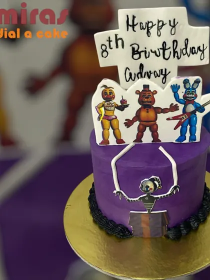 A spooky and fun Five Nights at Freddy's cake. This purple cake features characters from the popular horror game, making it a thrillingly unique choice for an 8th birthday.