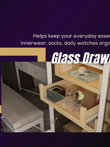 See your essentials at a glance. These glass-front drawers are perfect for organizing daily wear like socks and innerwear, combining visibility with a neat, clean aesthetic.