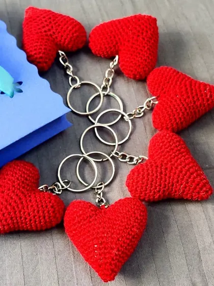A collection of our plush, stuffed red heart keychains. These make for a sweet and simple gift for Valentine's Day, anniversaries, or as a small token of love.