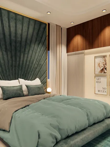 A 3D visualization of a bedroom with a dramatic, fan-shaped velvet headboard in deep green. The design combines this statement piece with simple, modern furniture for a balanced look.
