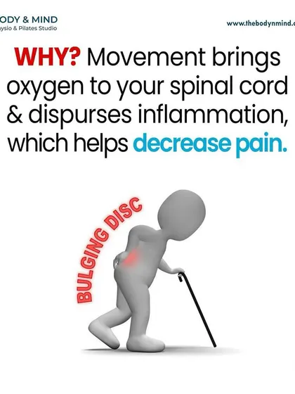 This graphic illustrates how movement helps decrease pain by bringing oxygen to the spinal cord and dispersing inflammation, especially for issues like a bulging disc.