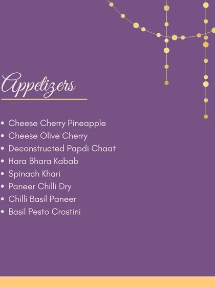 More appetizer options to get your party started. This list includes classics like Paneer Chilli Dry and Hara Bhara Kabab, alongside modern favorites like Basil Pesto Crostini.