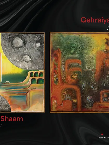 These two pieces, "Gehraiyaan" and "Vo Shaam," are explorations into surrealism. I love playing with big moons, shadows, and a sense of mystery to create dream-like landscapes that pull you into another world. They are about the beauty found in light and darkness.