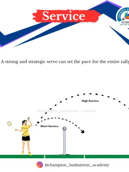 The Service starts the rally. This graphic illustrates the trajectory for both a high serve, used to push the opponent back, and a short serve, used in doubles to start the attack.