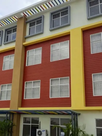 A detailed shot of the window arrangement and facade treatment at Asia Pacific World School.