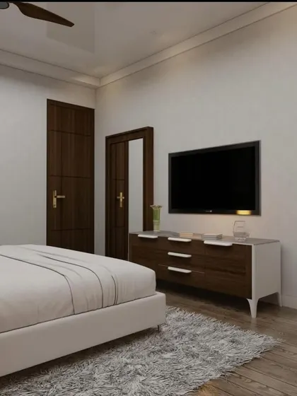 A simple and clean bedroom render with a white bed, dark wood furniture, and a plush grey rug, perfect for a minimalist yet comfortable space.