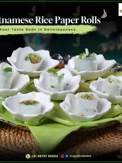 Fresh and light Vietnamese Rice Paper Rolls. These healthy appetizers are filled with fresh vegetables and herbs, served in beautiful lotus-shaped bowls.