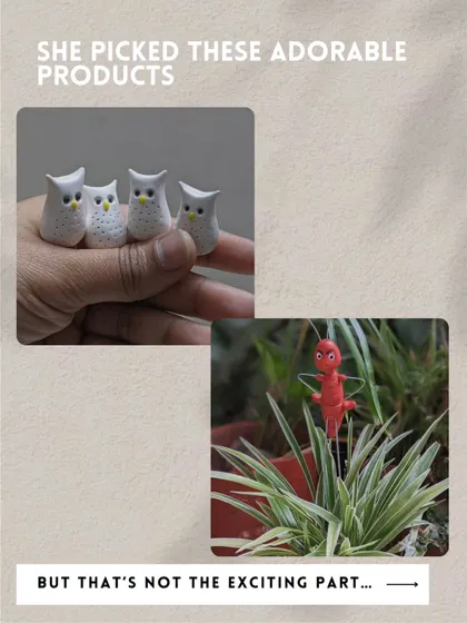 She picked these adorable products: a set of tiny owls and the ant garden stake. But she used them in a very creative way.