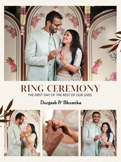 A collage from a ring ceremony, showcasing the couple exchanging rings and posing happily against a floral backdrop.