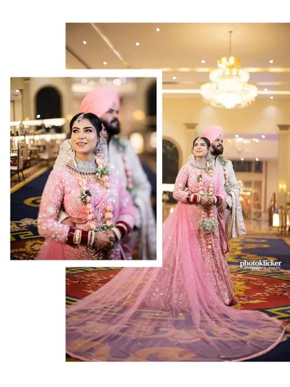 An elegant album layout of a Sikh couple, showcasing the bride's flowing pink lehenga and their graceful poses.