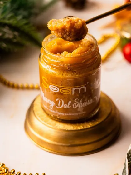 Open the jar and let the festive warmth in. My Moong Dal Sheera, slow-roasted and rich with ghee, is a comforting, melt-in-your-mouth sweet perfect for cold winter evenings.